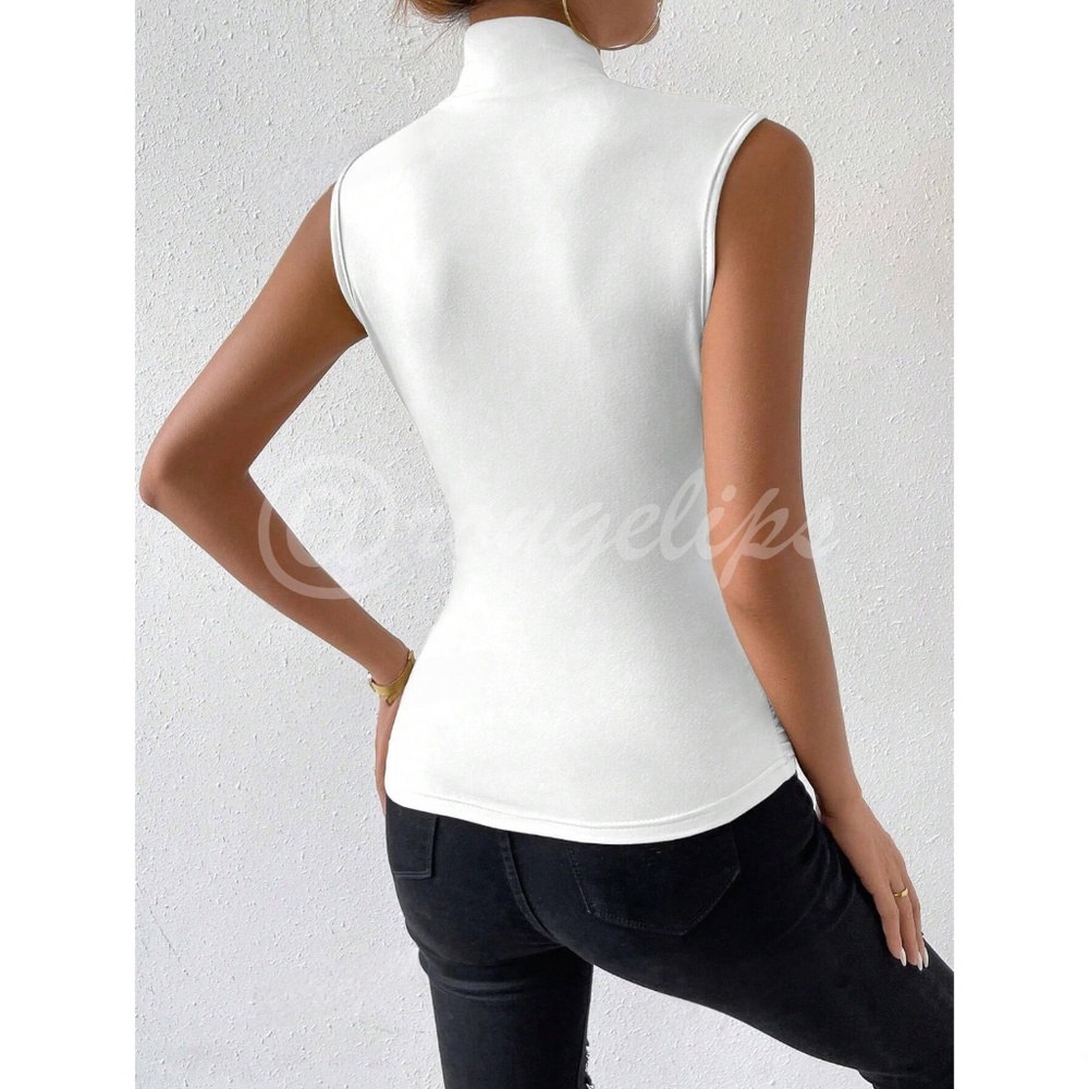Ruched White Overlapping Sleeveless Shirt Top Stretchy - Picture 6 of 7
